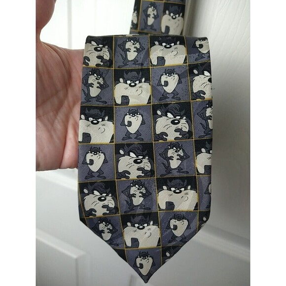 looney tunes tasmanian devil Grey Yellow Lined Tie 60" - Picture 2 of 8
